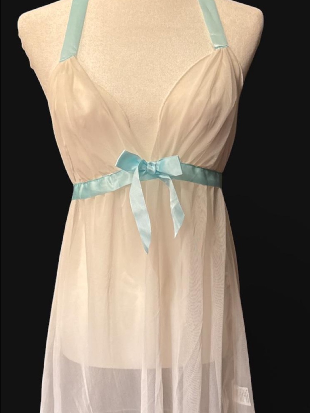 Avidlove Sheer Ivory Babydoll Chemise with Satin Aqua Trim